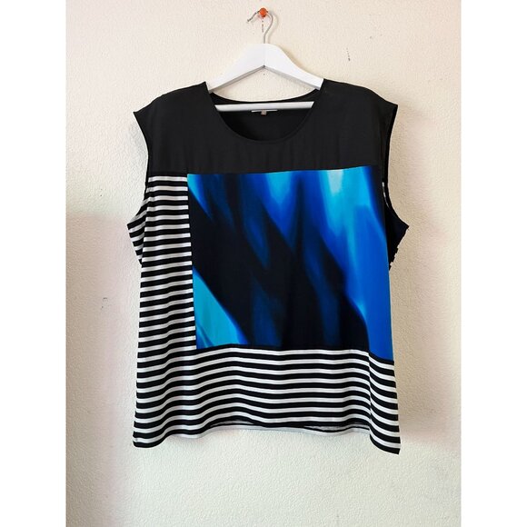 Calvin Klein Womens Size 2X Sleeveless Striped Abstract Blouse Top Art To Wear - Picture 1 of 10